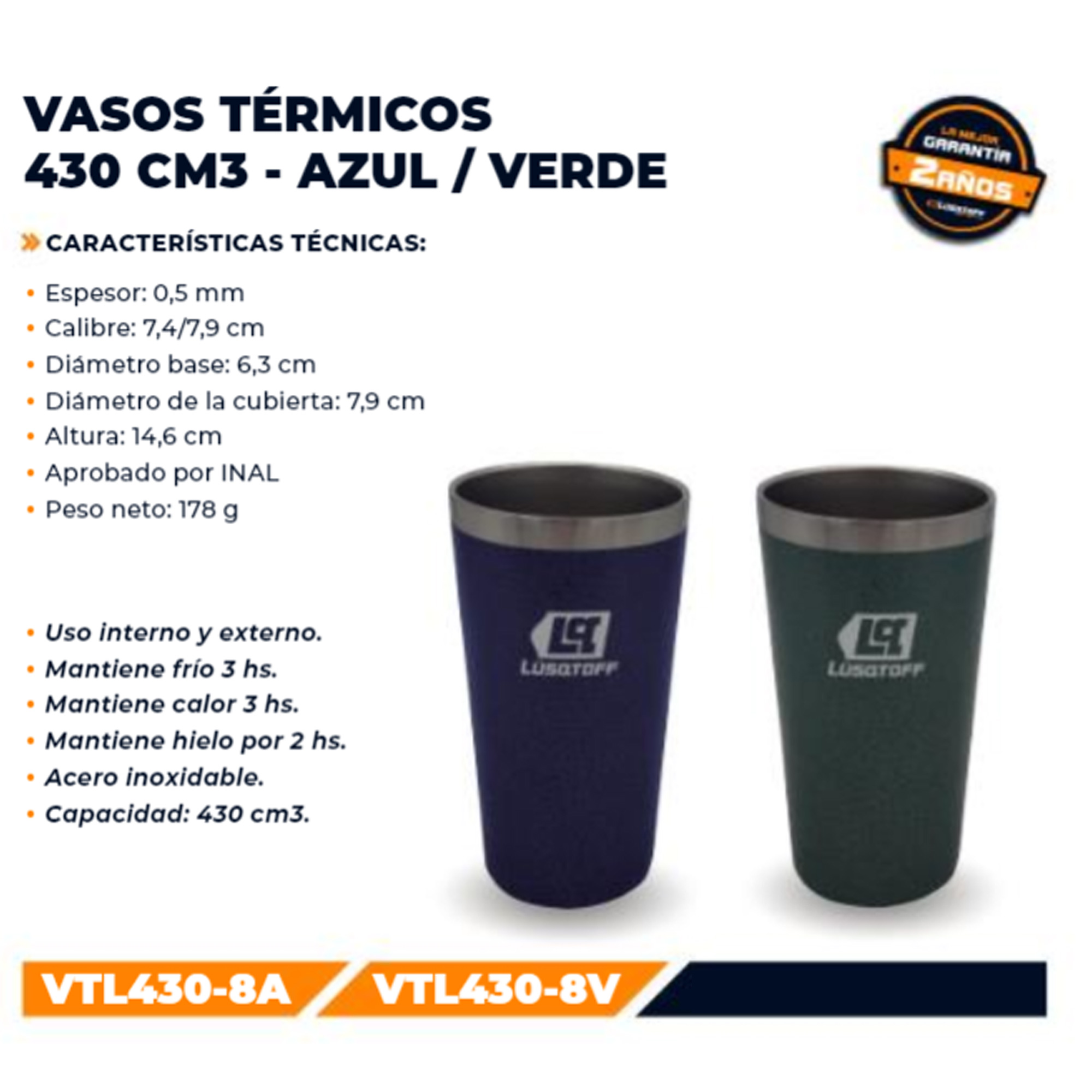 VTL430-8A LUSQTOFF                                                     | VASO TERMICO AZUL LUSQTOFF 430ML FRIO/CALOR 3HS VTL430-8A                                                                                                                                                                                                 